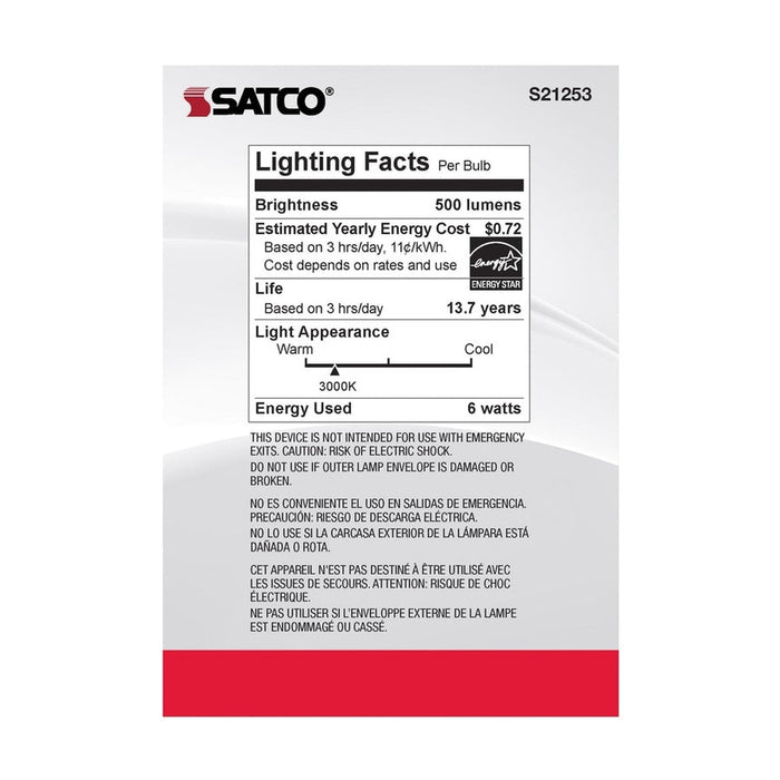 SATCO 6 Watt G40 LED - Clear - Medium base - 90 CRI - 3000K - 120 Volt S21253