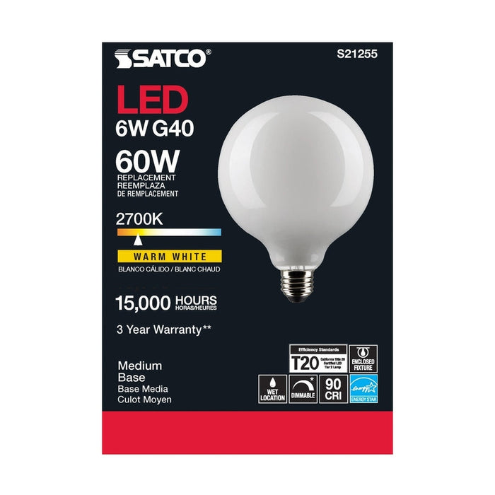 SATCO 6 Watt G40 LED - White - Medium base - 90 CRI - 2700K - 120 Volt S21255