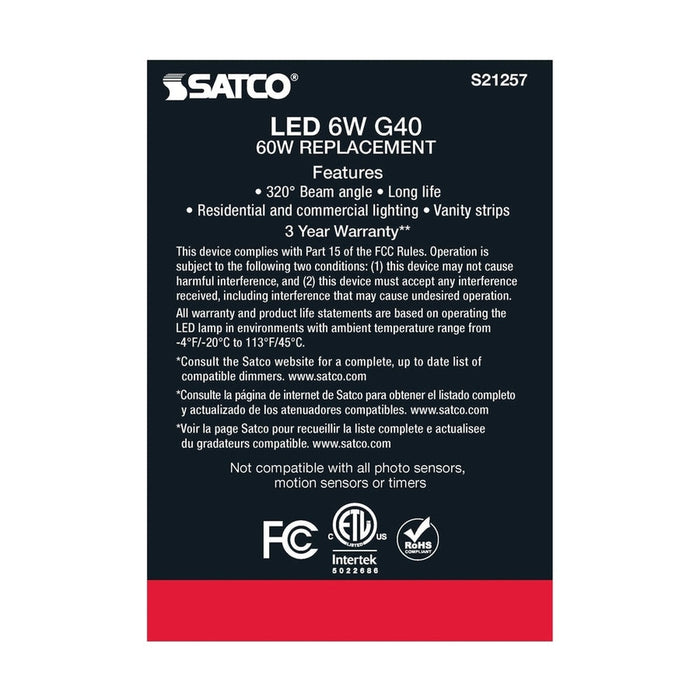 SATCO 6 Watt G40 LED - White - Medium base - 90 CRI - 4000K - 120 Volt S21257