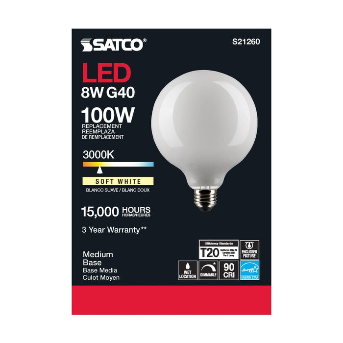 SATCO 8 Watt G40 LED - White - Medium base - 90 CRI - 3000K - 120 Volt S21260