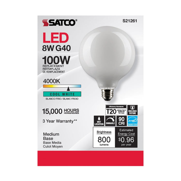 SATCO 8 Watt G40 LED - White - Medium base - 90 CRI - 4000K - 120 Volt S21261