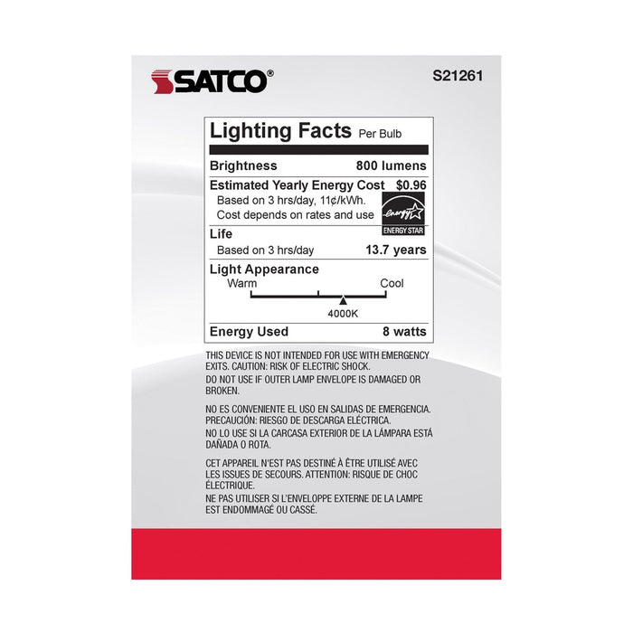 SATCO 8 Watt G40 LED - White - Medium base - 90 CRI - 4000K - 120 Volt S21261