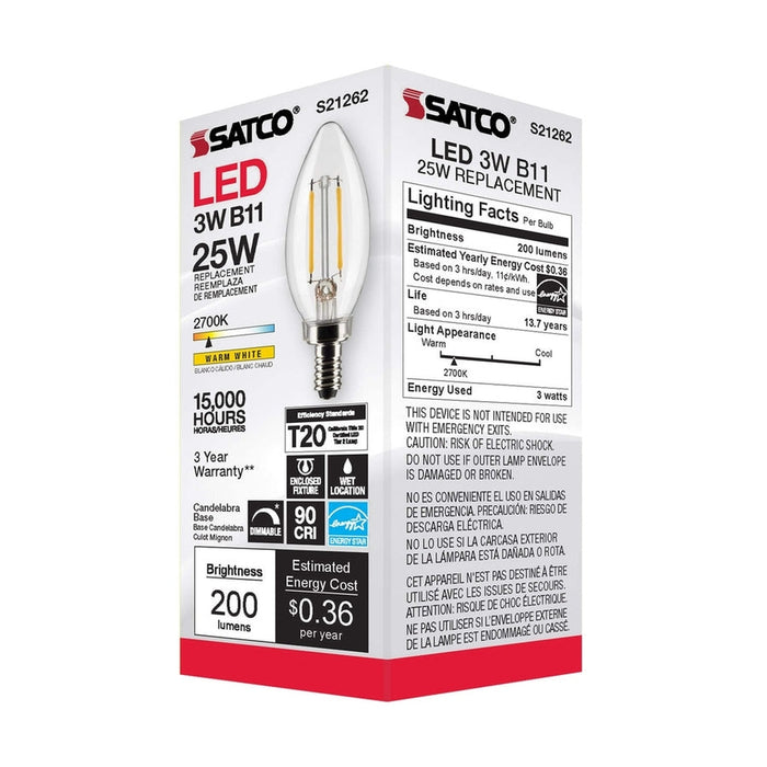 SATCO 3 Watt B11 LED - Clear - Candelabra base - 90 CRI - 2700K - 120 Volt S21262