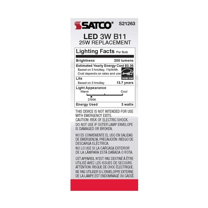 SATCO 3 Watt B11 LED - Frost - Candelabra base - 90 CRI - 2700K - 120 Volt S21263