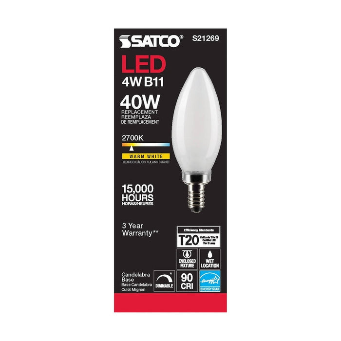 SATCO 4 Watt B11 LED - Frost - Candelabra base - 90 CRI - 2700K - 120 Volt - 6 Pack S21269-6