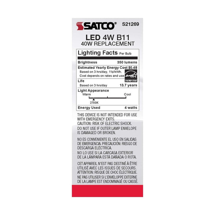 SATCO 4 Watt B11 LED - Frost - Candelabra base - 90 CRI - 2700K - 120 Volt - 6 Pack S21269-6