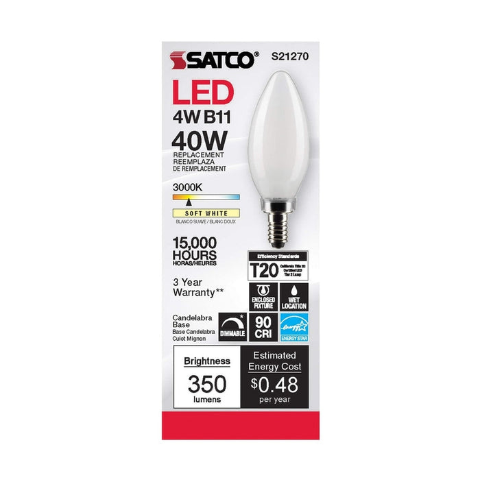 SATCO 4 Watt B11 LED - Frost - Candelabra base - 90 CRI - 3000K - 120 Volt S21270