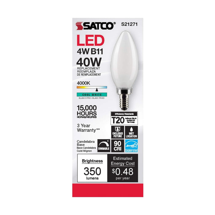 SATCO 4 Watt B11 LED - Frost - Candelabra base - 90 CRI - 4000K - 120 Volt S21271