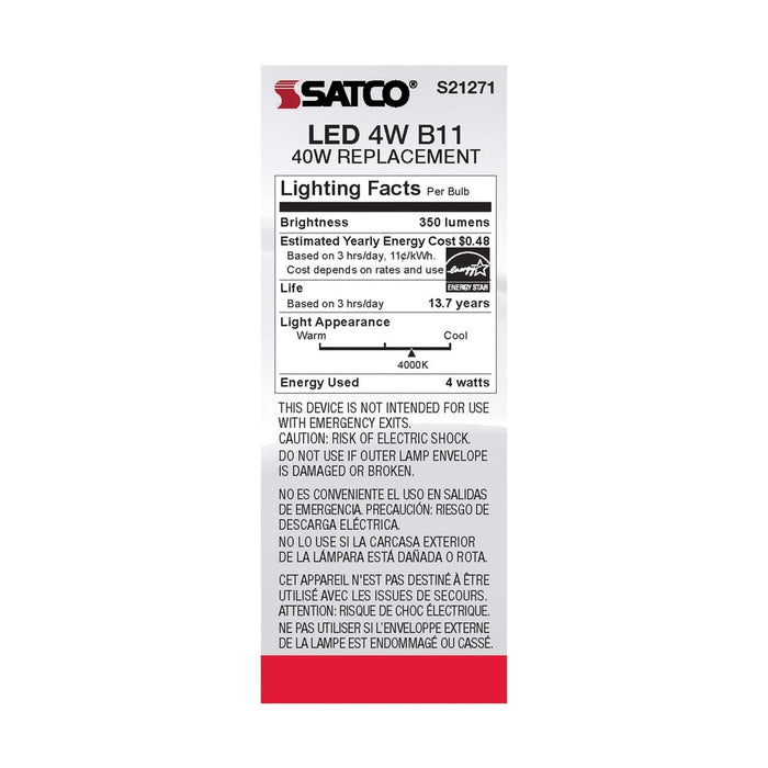 SATCO 4 Watt B11 LED - Frost - Candelabra base - 90 CRI - 4000K - 120 Volt S21271