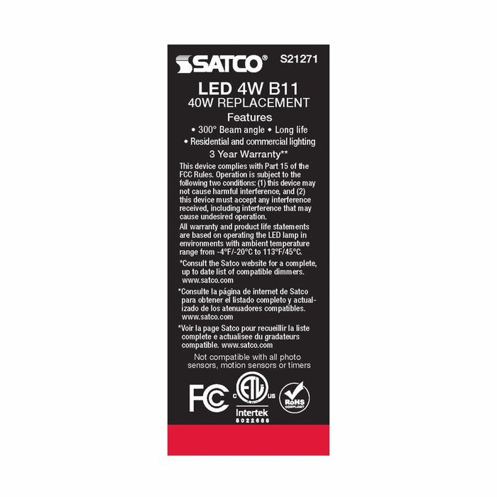 SATCO 4 Watt B11 LED - Frost - Candelabra base - 90 CRI - 4000K - 120 Volt S21271