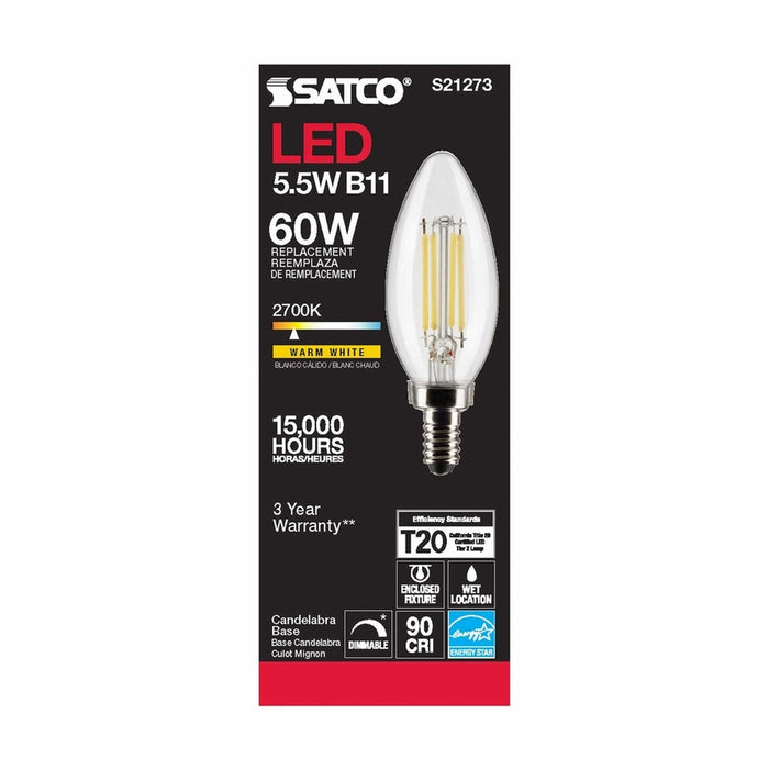 SATCO 5.5 Watt B11 LED - Clear - Candelabra base - 90 CRI - 2700K - 120 Volt S21273