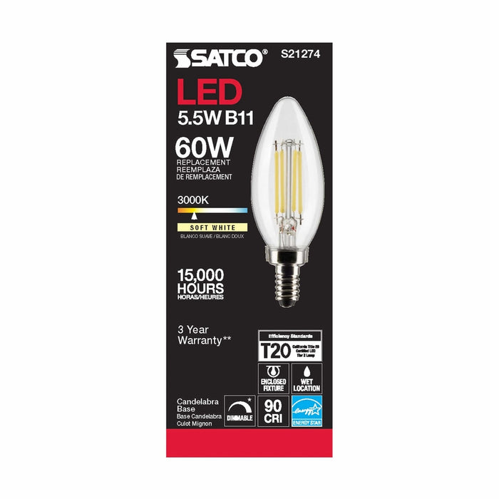 SATCO 5.5 Watt B11 LED - Clear - Candelabra base - 90 CRI - 3000K - 120 Volt S21274