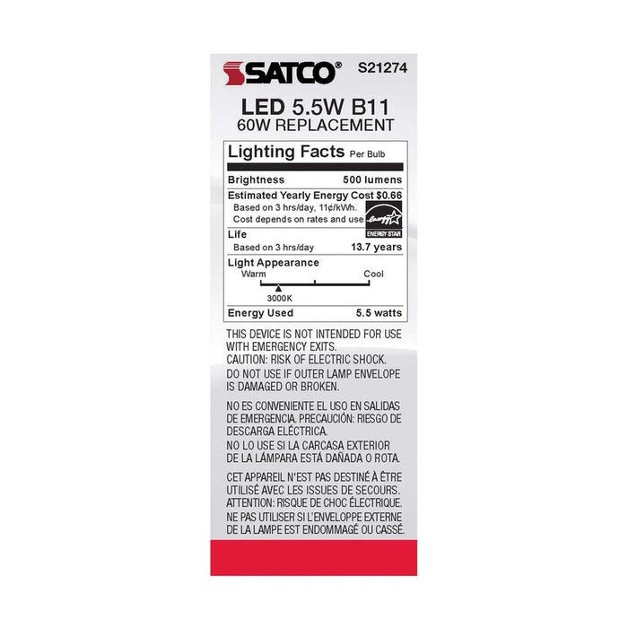 SATCO 5.5 Watt B11 LED - Clear - Candelabra base - 90 CRI - 3000K - 120 Volt S21274