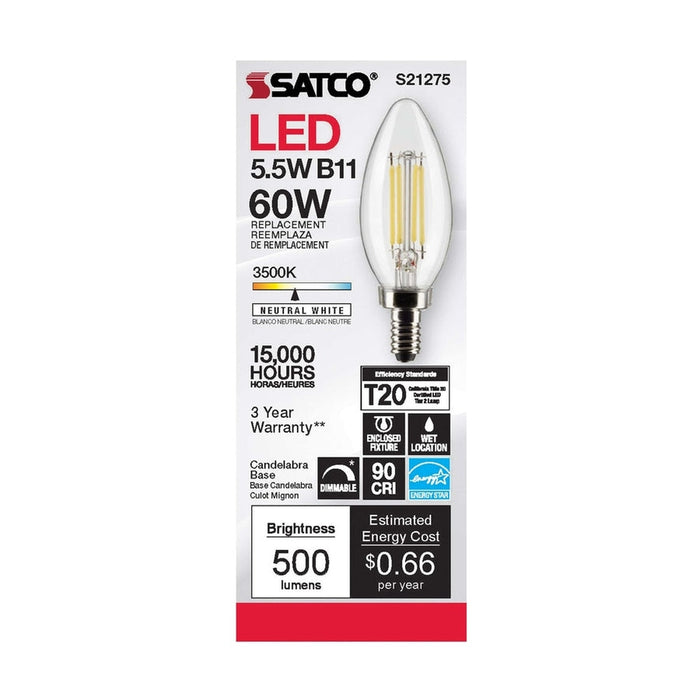 SATCO 5.5 Watt B11 LED - Clear - Candelabra base - 90 CRI - 3500K - 120 Volt S21275