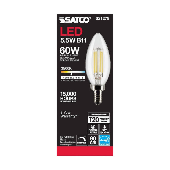 SATCO 5.5 Watt B11 LED - Clear - Candelabra base - 90 CRI - 3500K - 120 Volt S21275