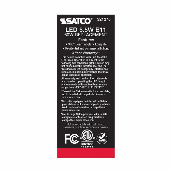 SATCO 5.5 Watt B11 LED - Clear - Candelabra base - 90 CRI - 3500K - 120 Volt S21275