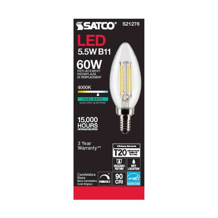 SATCO 5.5 Watt B11 LED - Clear - Candelabra base - 90 CRI - 4000K - 120 Volt S21276