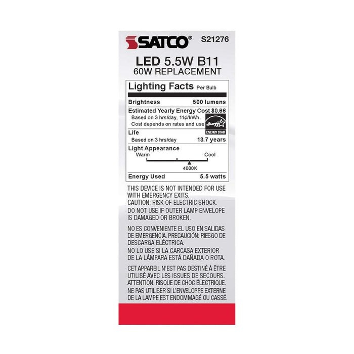 SATCO 5.5 Watt B11 LED - Clear - Candelabra base - 90 CRI - 4000K - 120 Volt S21276