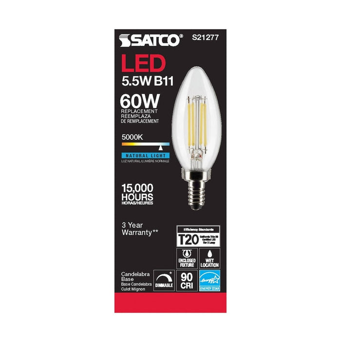 SATCO 5.5 Watt B11 LED - Clear - Candelabra base - 90 CRI - 5000K - 120 Volt - 6-Pack S21277-6