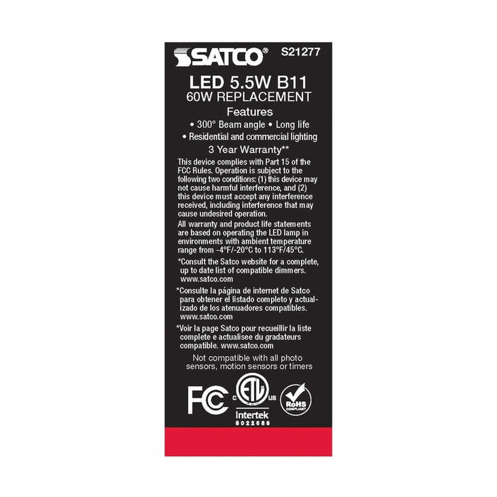 SATCO 5.5 Watt B11 LED - Clear - Candelabra base - 90 CRI - 5000K - 120 Volt - 6-Pack S21277-6