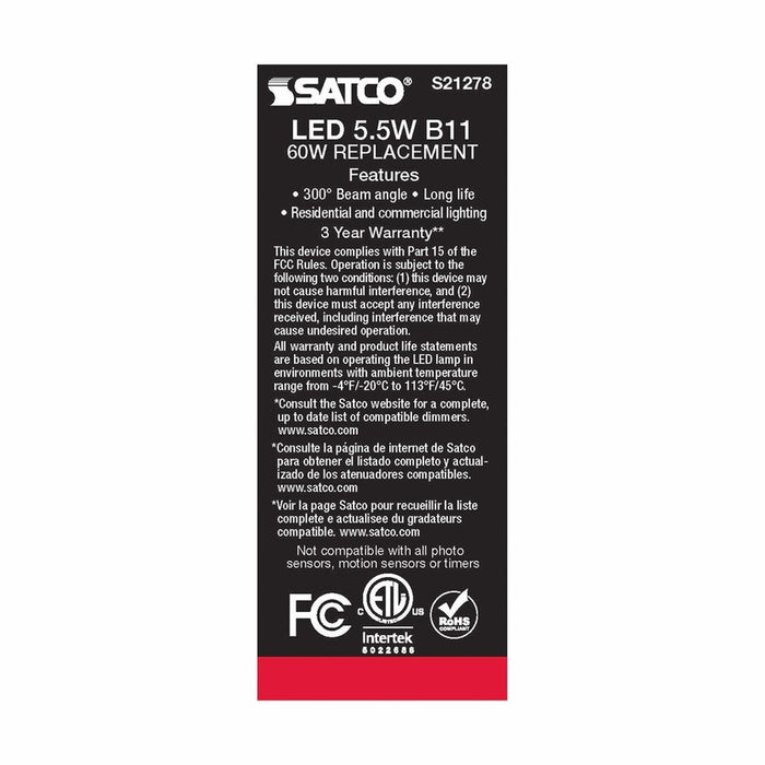 SATCO 5.5 Watt B11 LED - Frost - Candelabra base - 90 CRI - 2700K - 120 Volt S21278