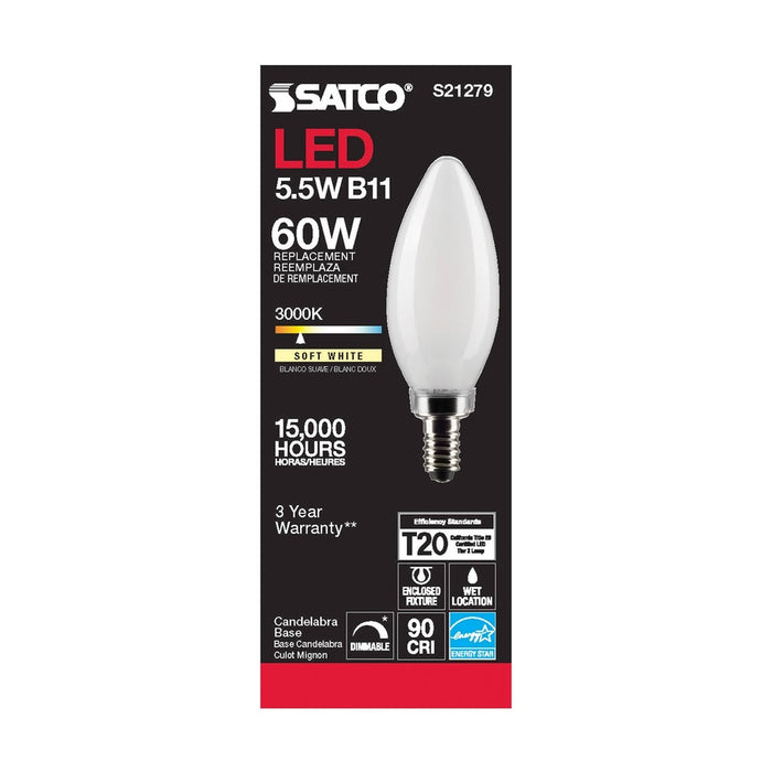 SATCO 5.5 Watt B11 LED - Frost - Candelabra base - 90 CRI - 3000K - 120 Volt S21279