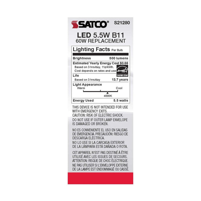 SATCO 5.5 Watt B11 LED - Frost - Candelabra base - 90 CRI - 4000K - 120 Volt S21280