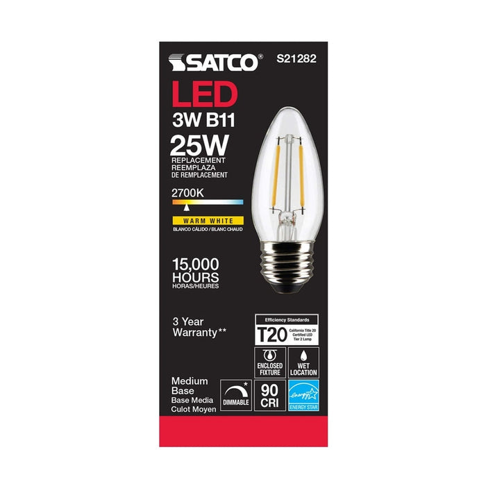 SATCO 3 Watt B11 LED - Clear - Medium base - 90 CRI - 2700K - 120 Volt S21282