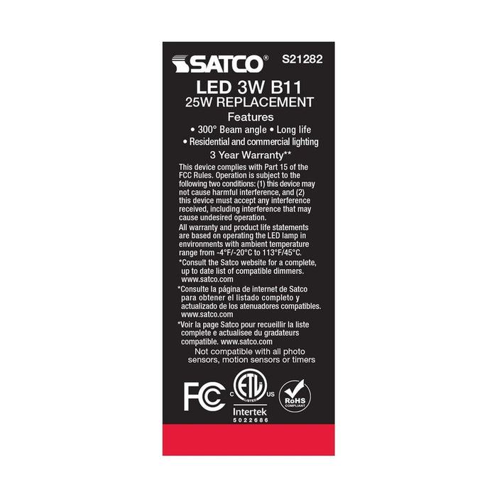 SATCO 3 Watt B11 LED - Clear - Medium base - 90 CRI - 2700K - 120 Volt S21282