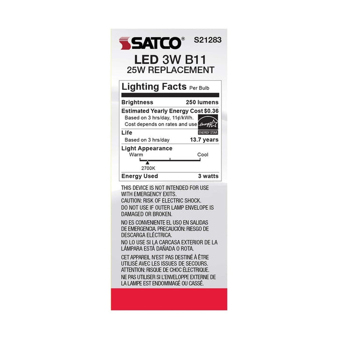 SATCO 3 Watt B11 LED - Frost - Medium base - 90 CRI - 2700K - 120 Volt S21283