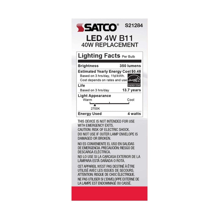 SATCO 4 Watt B11 LED - Clear - Medium base - 90 CRI - 2700K - 120 Volt S21284