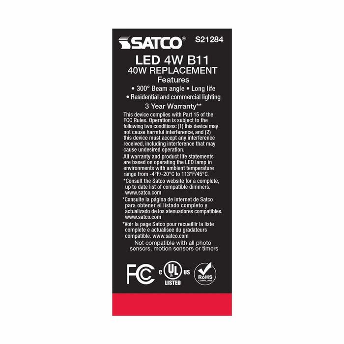 SATCO 4 Watt B11 LED - Clear - Medium base - 90 CRI - 2700K - 120 Volt S21284