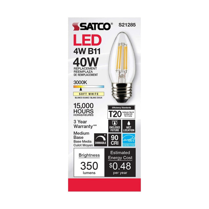 SATCO 4 Watt B11 LED - Clear - Medium base - 90 CRI - 3000K - 120 Volt - 6-Pack S21285-6