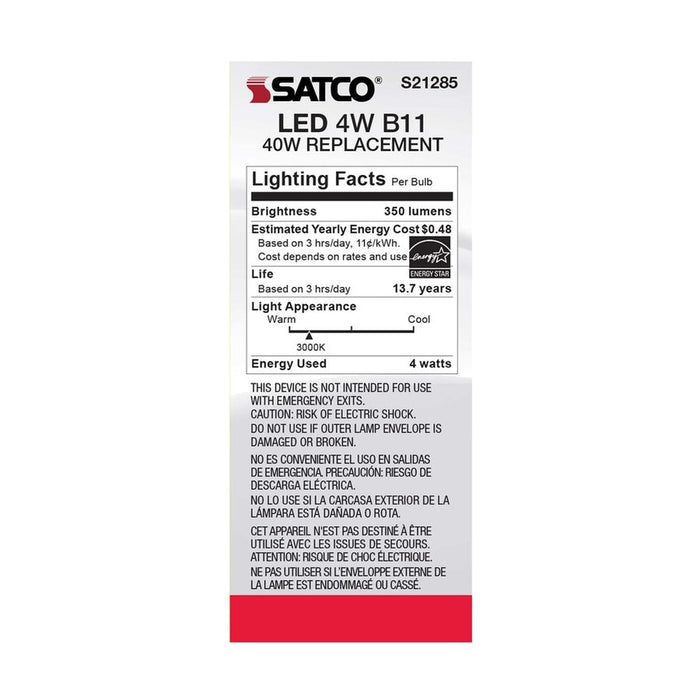 SATCO 4 Watt B11 LED - Clear - Medium base - 90 CRI - 3000K - 120 Volt - 6-Pack S21285-6