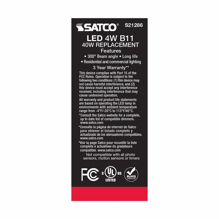 SATCO 4 Watt B11 LED - Clear - Medium base - 90 CRI - 4000K - 120 Volt S21286