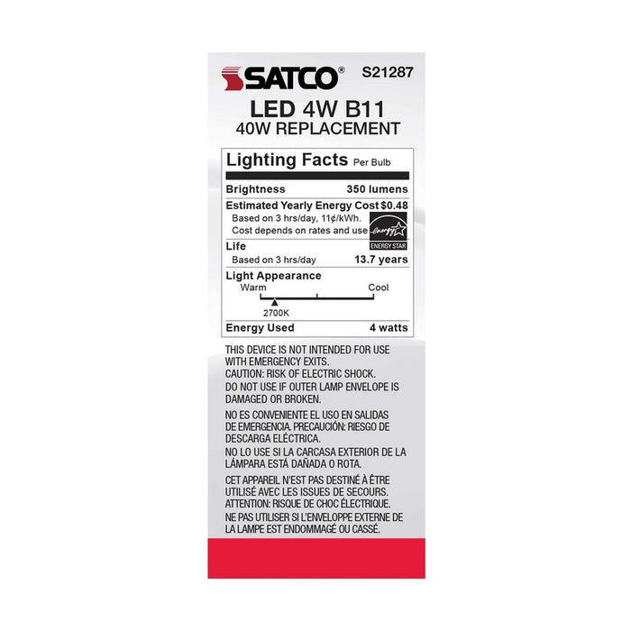 SATCO 4 Watt B11 LED - Frost - Medium base - 90 CRI - 2700K - 120 Volt S21287