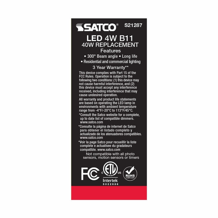 SATCO 4 Watt B11 LED - Frost - Medium base - 90 CRI - 2700K - 120 Volt S21287