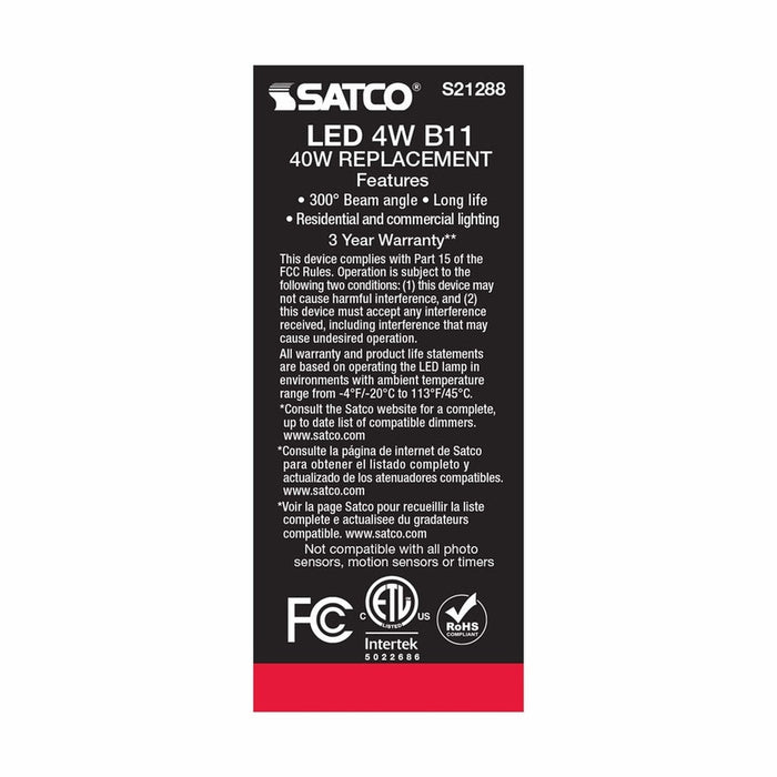 SATCO 4 Watt B11 LED - Frost - Medium base - 90 CRI - 3000K - 120 Volt S21288