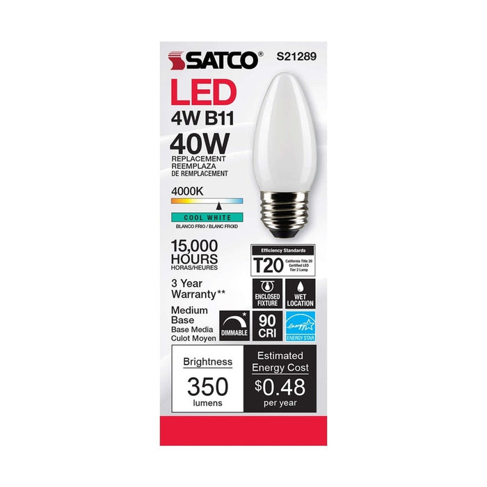 SATCO 4 Watt B11 LED - Frost - Medium base - 90 CRI - 4000K - 120 Volt S21289