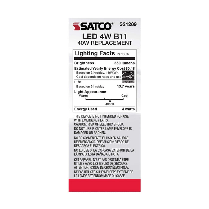 SATCO 4 Watt B11 LED - Frost - Medium base - 90 CRI - 4000K - 120 Volt S21289