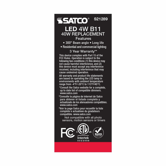 SATCO 4 Watt B11 LED - Frost - Medium base - 90 CRI - 4000K - 120 Volt S21289