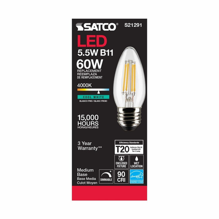 SATCO 5.5 Watt B11 LED - Clear - Medium base - 90 CRI - 4000K - 120 Volt S21291