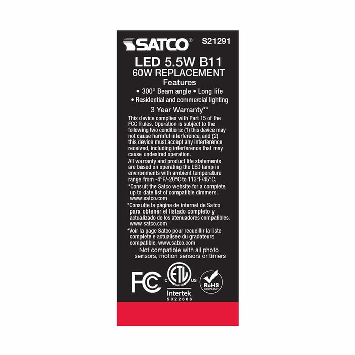 SATCO 5.5 Watt B11 LED - Clear - Medium base - 90 CRI - 4000K - 120 Volt S21291