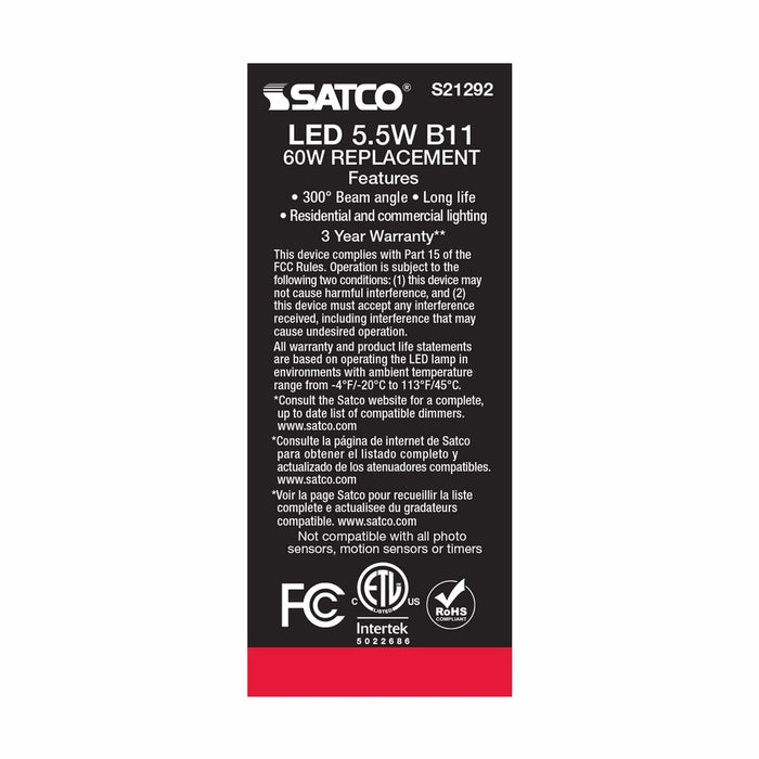 SATCO 5.5 Watt B11 LED - Frost - Medium base - 90 CRI - 2700K - 120 Volt S21292