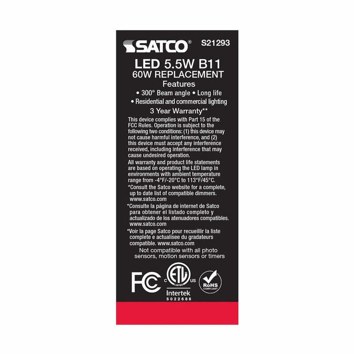 SATCO 5.5 Watt B11 LED - Frost - Medium base - 90 CRI - 4000K - 120 Volt S21293