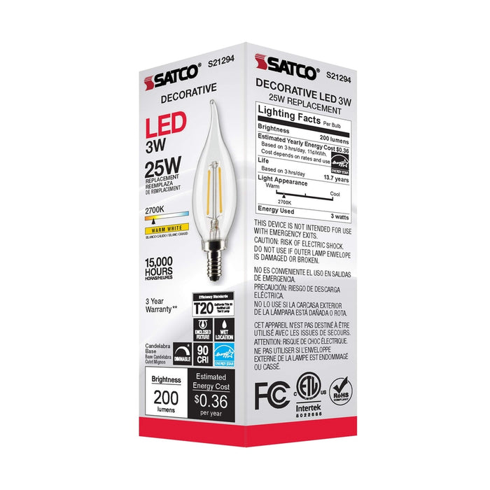 SATCO 3 Watt CA10 LED - Clear - Candelabra base - 90 CRI - 2700K - 120 Volt S21294