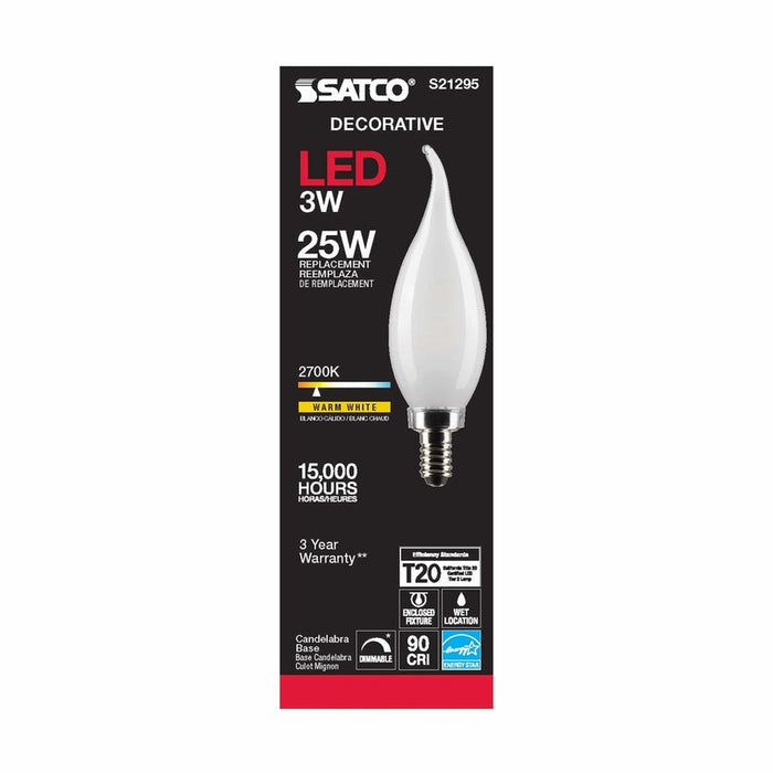 SATCO 3 Watt CA10 LED - Frost - Candelabra base - 90 CRI - 2700K - 120 Volt S21295