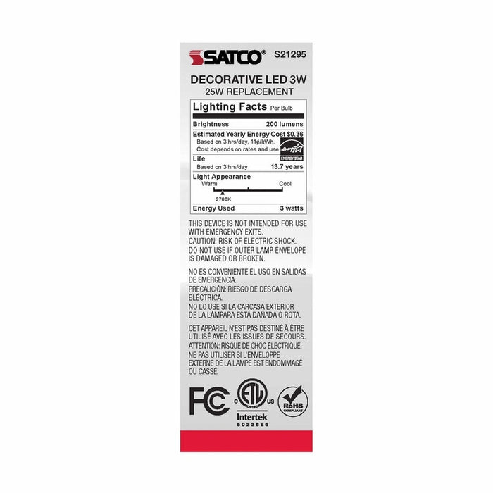 SATCO 3 Watt CA10 LED - Frost - Candelabra base - 90 CRI - 2700K - 120 Volt S21295