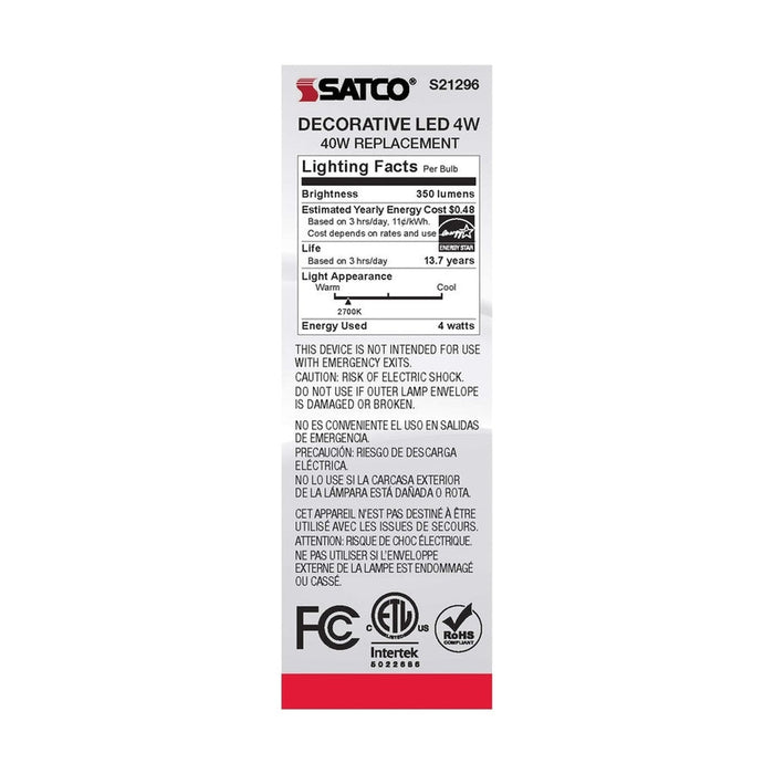 SATCO 4 Watt CA10 LED - Clear - Candelabra base - 90 CRI - 2700K - 120 Volt - 6-Pack S21296-6