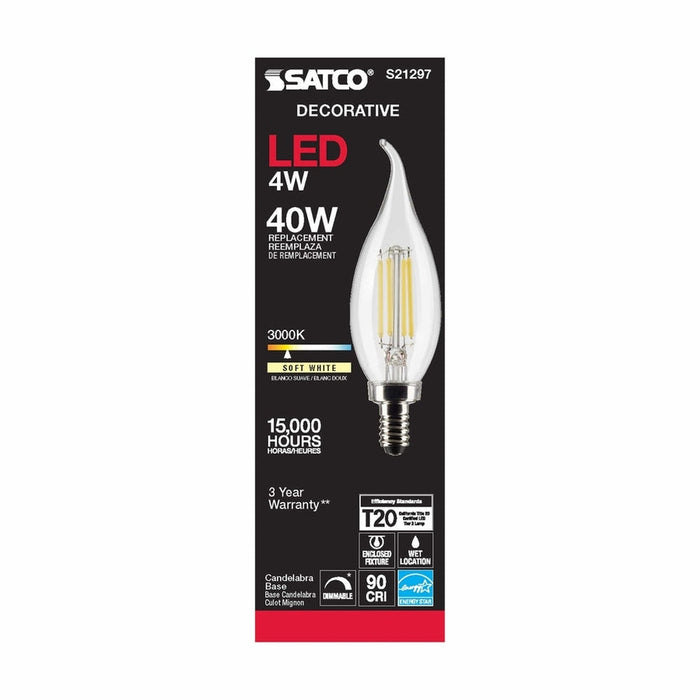 SATCO 4 Watt CA10 LED - Clear - Candelabra base - 90 CRI - 3000K - 120 Volt S21297